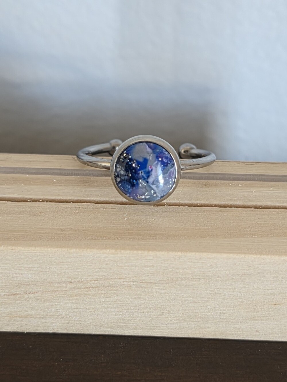 Silver Band Ring with Blue Faux Stone